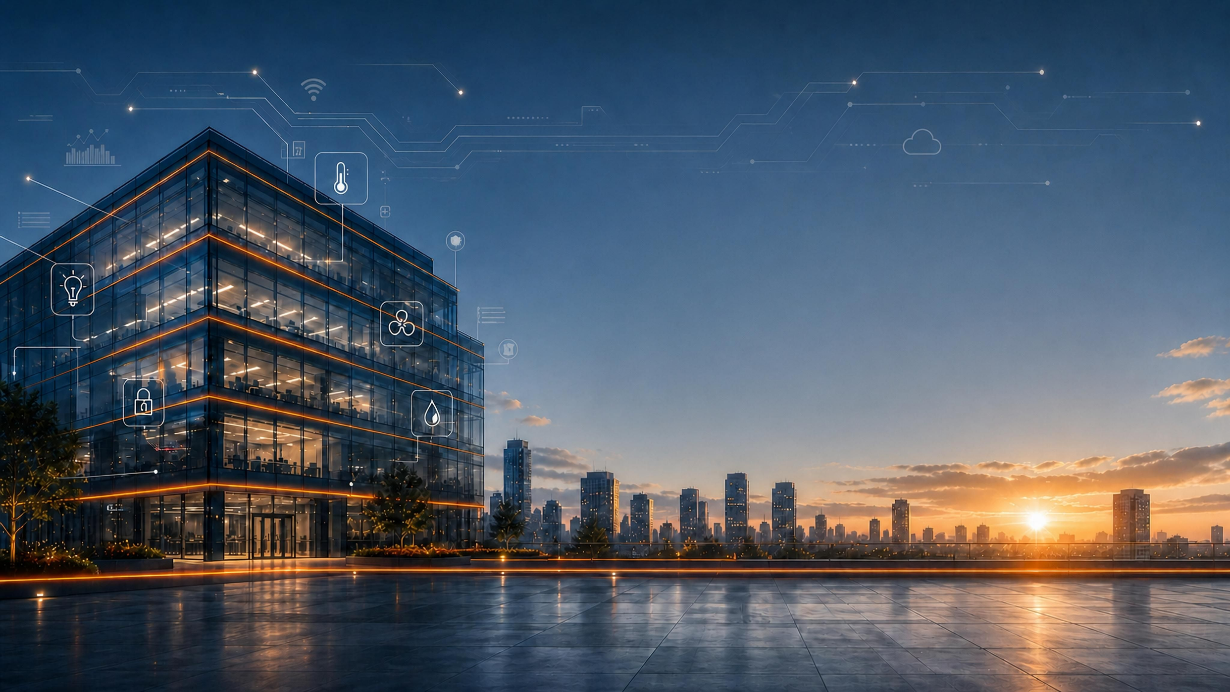 Smart glass office building against a city skyline at sunset