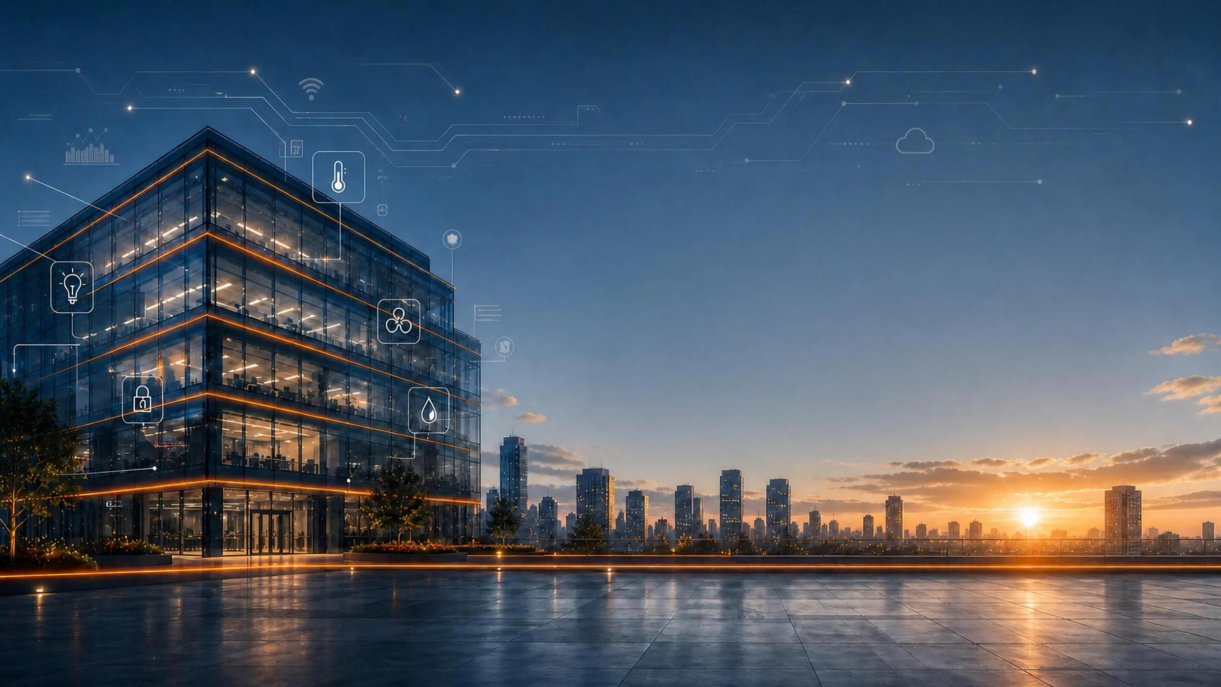 Smart glass office building against a city skyline at sunset